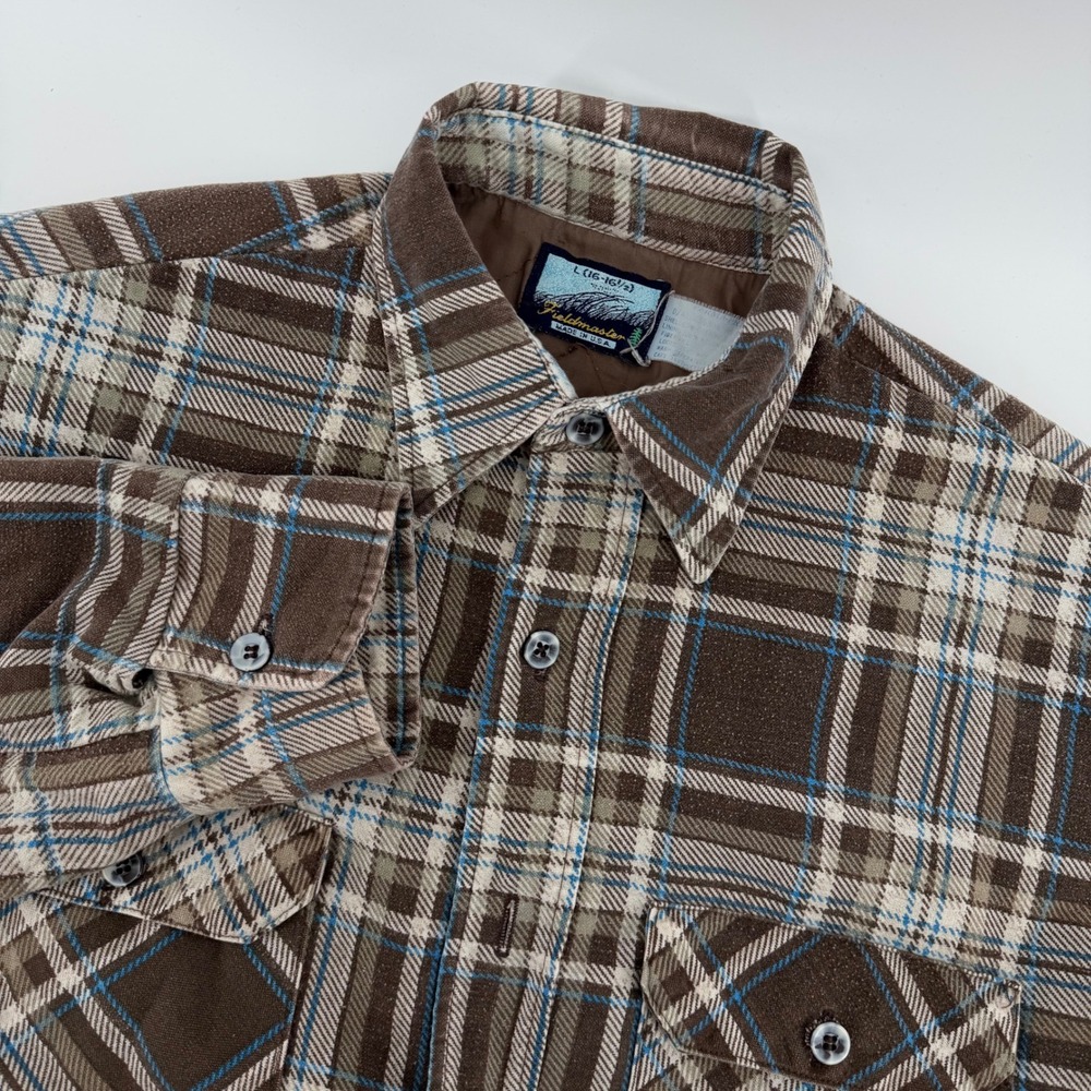 Fieldmaster Flannel Shirt Jacket Mens Large Brown Blue Plaid Quilted Made USA
